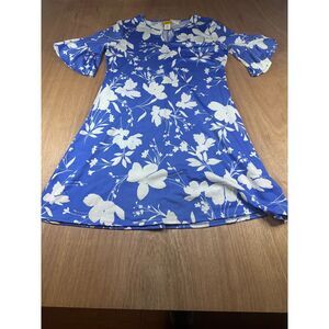 Ruby Rd Petite Blue White Floral Dress Short Sleeve Stretch Womens PM